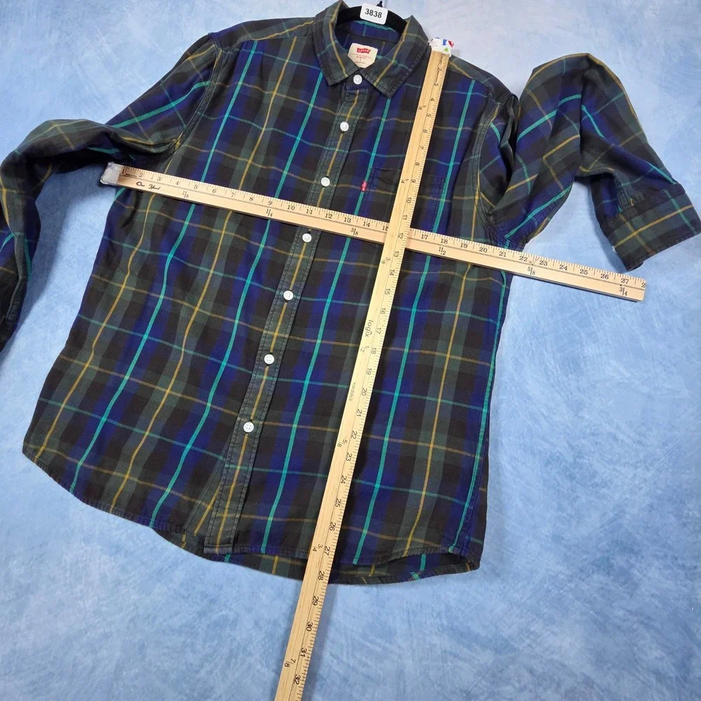 Levis Mens Slim Fit Plaid Flannel Button Down Shirt Navy Green Large 3838